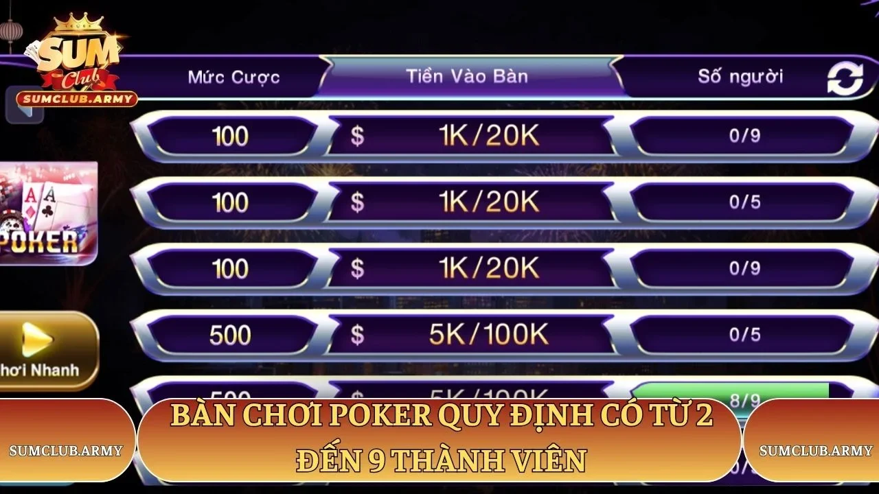 Bàn chơi poker quy định có từ 2 đến 9 thành viên
